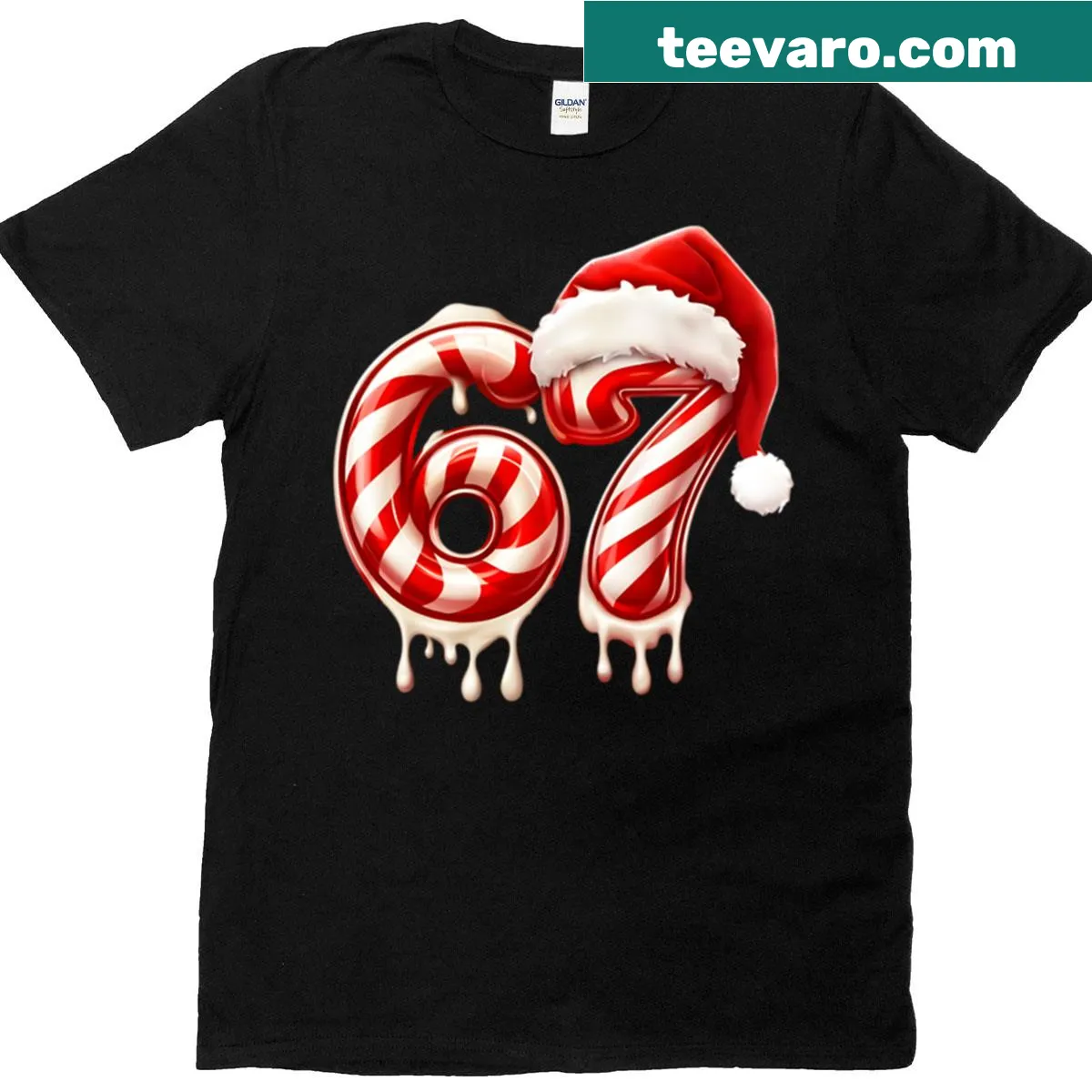 Melting candy cane design with Santa hat on t-shirt — on a men's t-shirt