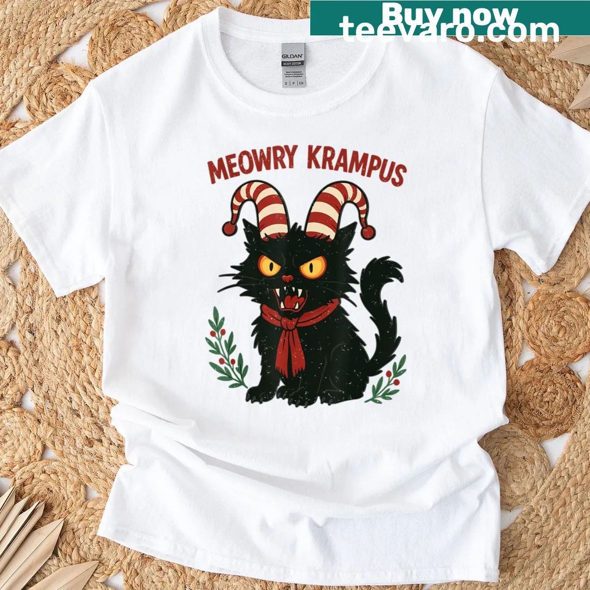 Whimsical Christmas T-shirt with Krampus and cat design — on a men's t-shirt