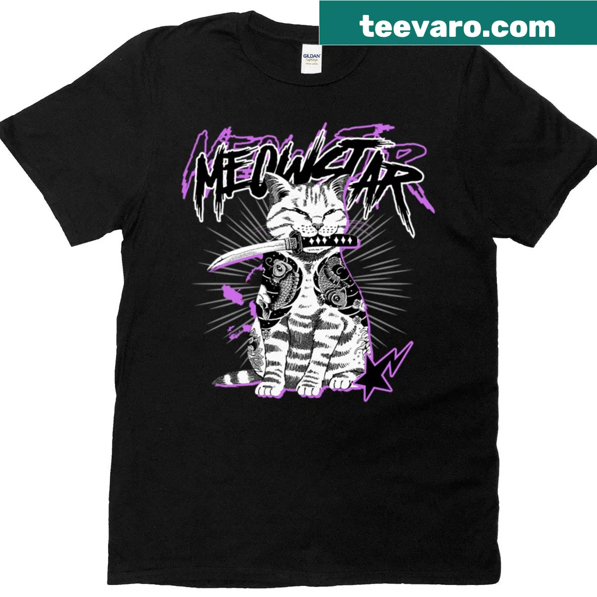 Playful T-shirt featuring a star-themed cat graphic — on a men's t-shirt