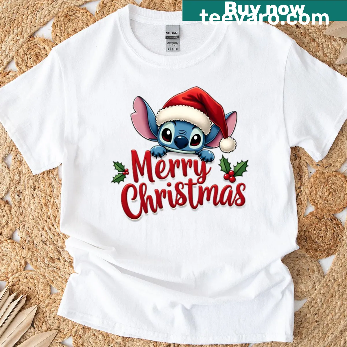 Cute Christmas Stitch shirt with festive hat illustration — on a men's t-shirt