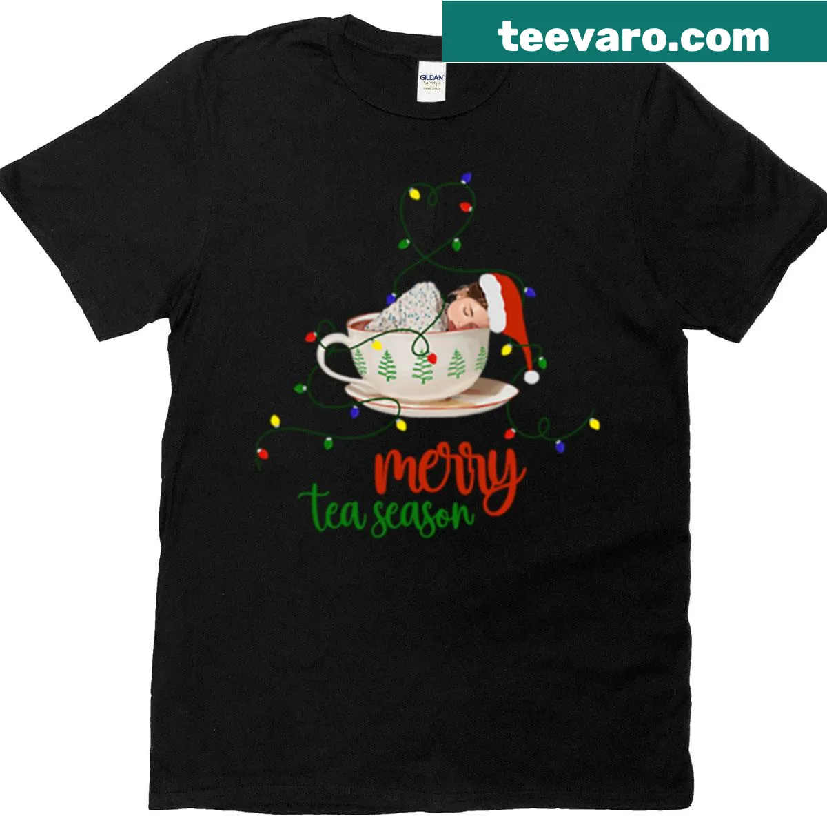 Cute tee with Merry Tea Season text for tea lovers at Christmas. — on a men's t-shirt