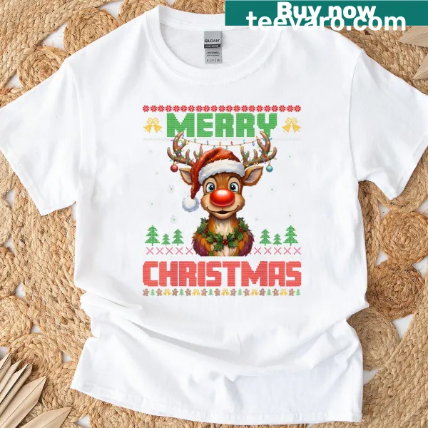 Christmas t-shirt featuring a cartoon Rudolph for holiday cheer