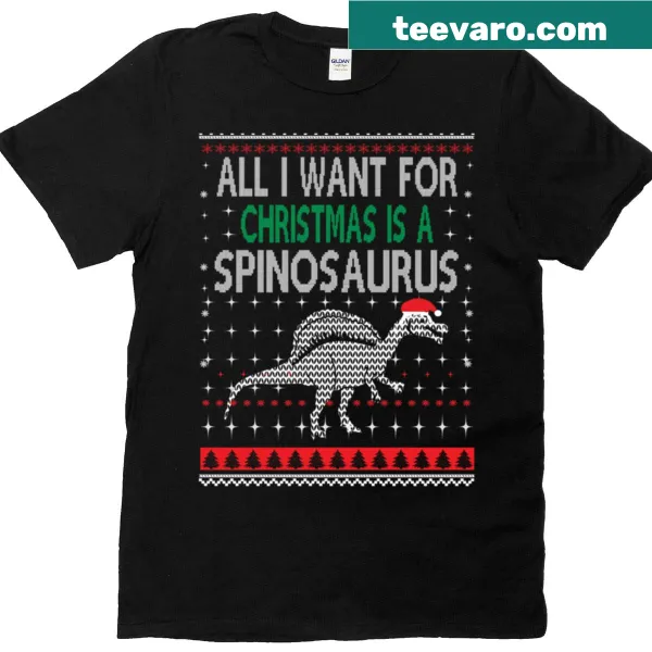 Fun kids T-shirt with a Spinosaurus dinosaur in Christmas design