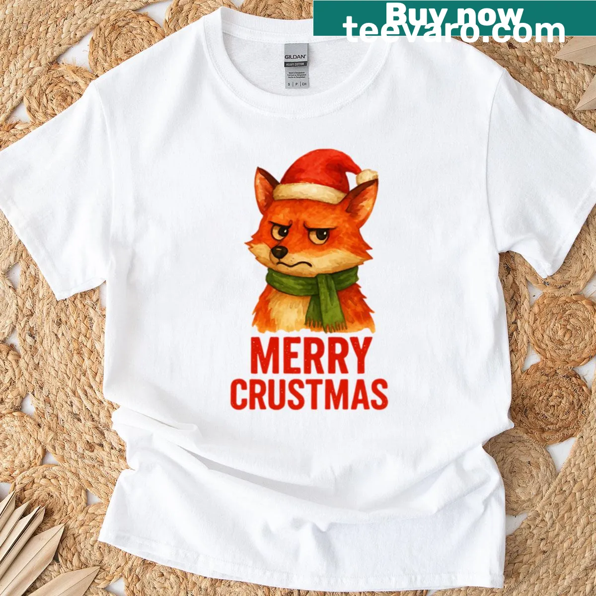 Funny Christmas fox t-shirt with watercolor design — on a men's t-shirt