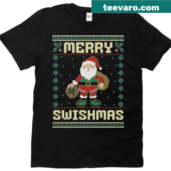 Ugly Christmas T-shirt featuring 'Merry Swishmas' and basketball design