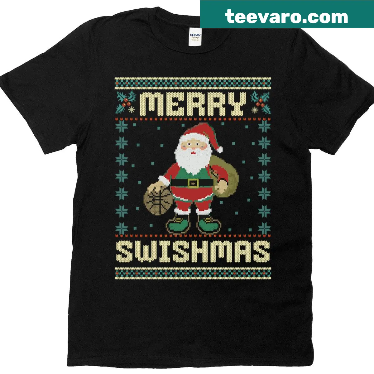 Ugly Christmas T-shirt featuring 'Merry Swishmas' and basketball design — on a men's t-shirt