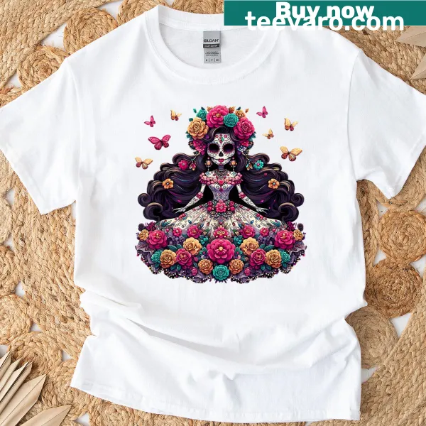 Dia de Los Muertos t-shirt featuring a Catrina and floral design