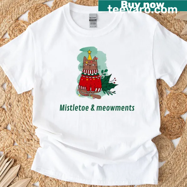 Fun t-shirt featuring a cat under mistletoe for Christmas