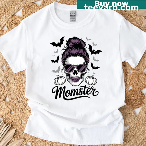 Fun Halloween-themed 'Momster' shirt with cartoon monster design