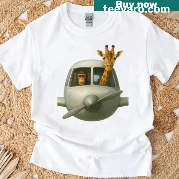 Cartoon t-shirt featuring funny monkey and giraffe pilots