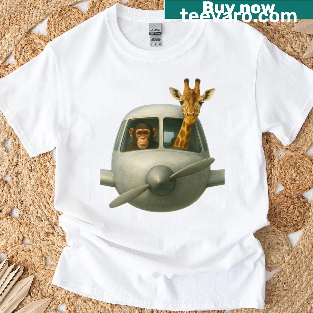 Cartoon t-shirt featuring funny monkey and giraffe pilots — on a men's t-shirt