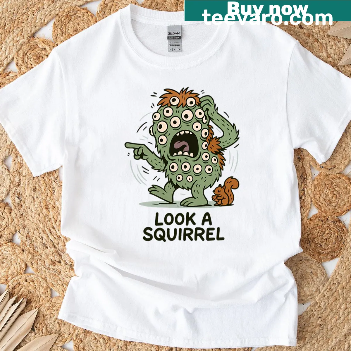 Illustration of monster eyes and a squirrel on T-shirt — on a men's t-shirt