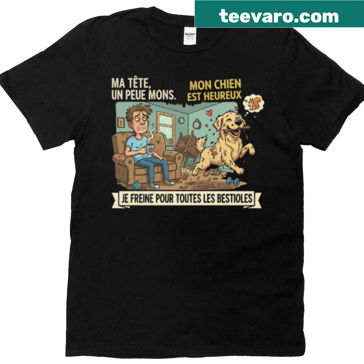 Humorous T-shirt with phrase 'My Dog Is Happy My Head A Little Less So' for dog lovers — on a men's t-shirt
