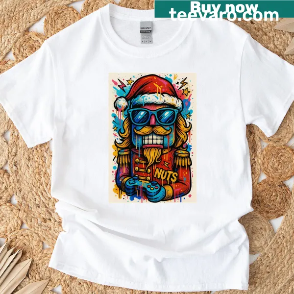 Whimsical Nutcracker graphic with gaming elements for a Christmas T-shirt