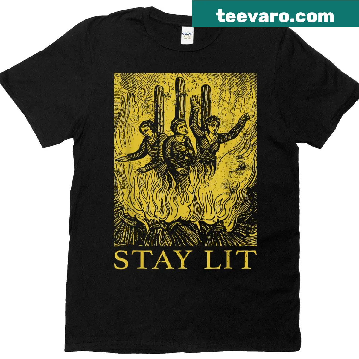 Occult-themed Halloween T-shirt with 'Stay Lit' text and devil imagery — on a men's t-shirt