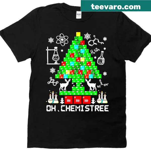 Funny Christmas tree design made of periodic table elements on a t-shirt