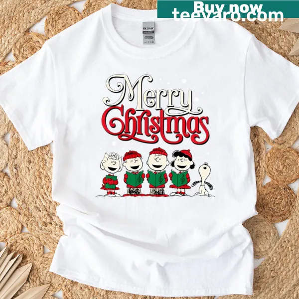 Peanuts Christmas t-shirt featuring a choir scene