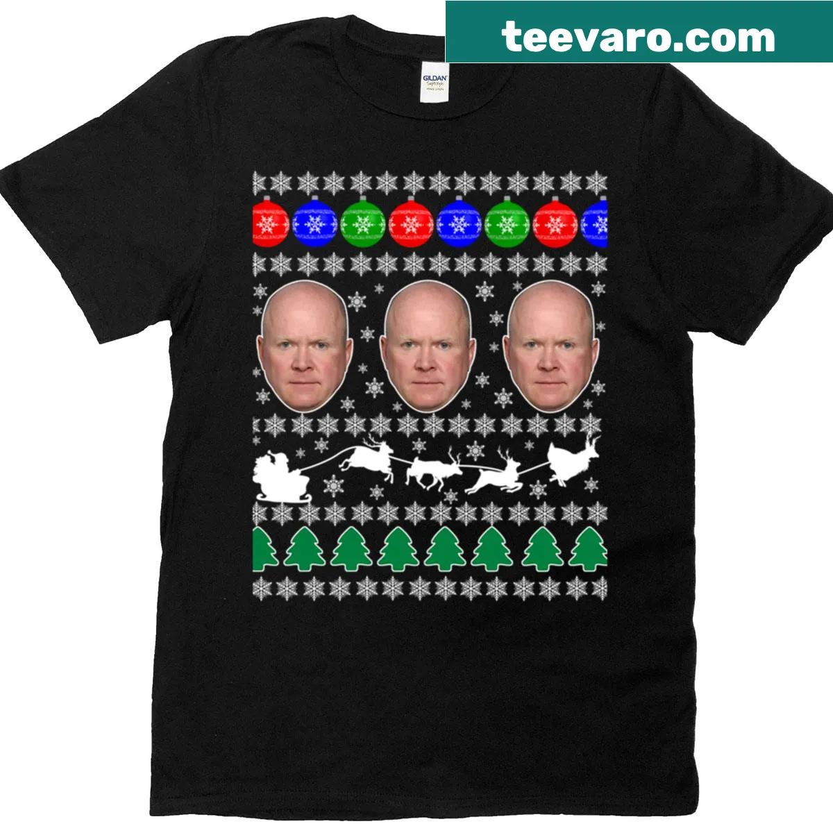 Funny EastEnders themed Christmas t-shirt featuring Phil Mitchell and Ian Beale — on a men's t-shirt