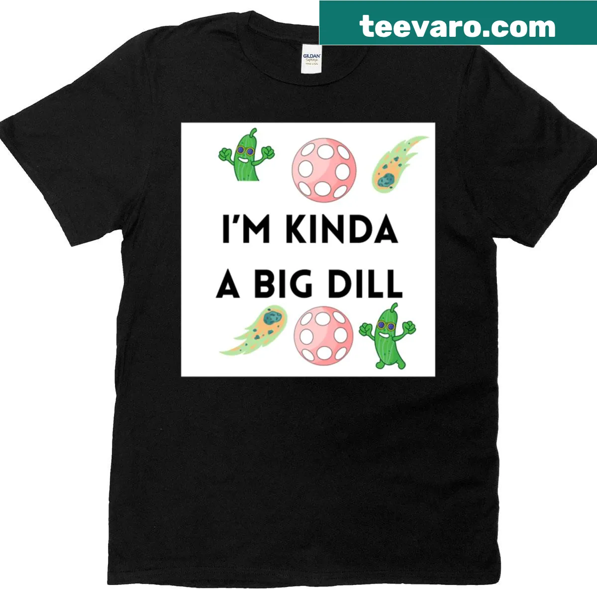 Playful pickleball T-shirt featuring a big dill design in pink and green — on a men's t-shirt