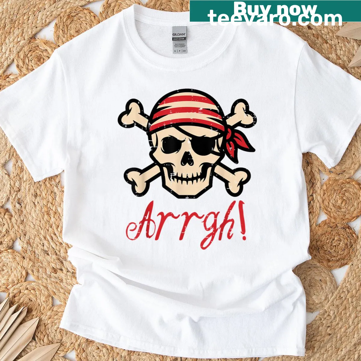 Cartoon pirate design on a fun 'Pirate Arrgh' T-shirt for all ages — on a men's t-shirt
