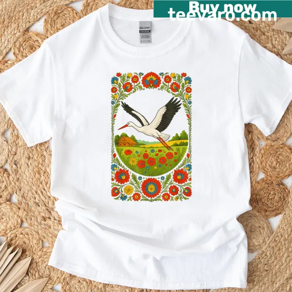 Polish folk art t-shirt featuring stork illustrations