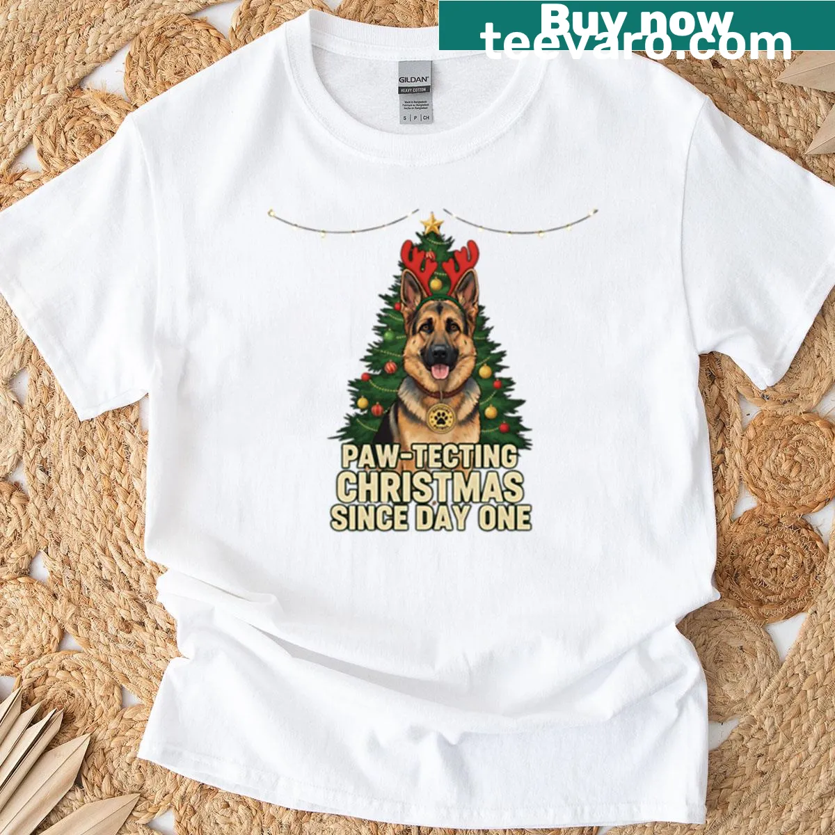 Funny typography 'Protecting Christmas Since Day One' featuring German Shepherd on T-shirt — on a men's t-shirt