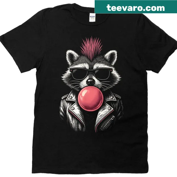 Funny raccoon t-shirt featuring a cartoon raccoon playing guitar with musical notes