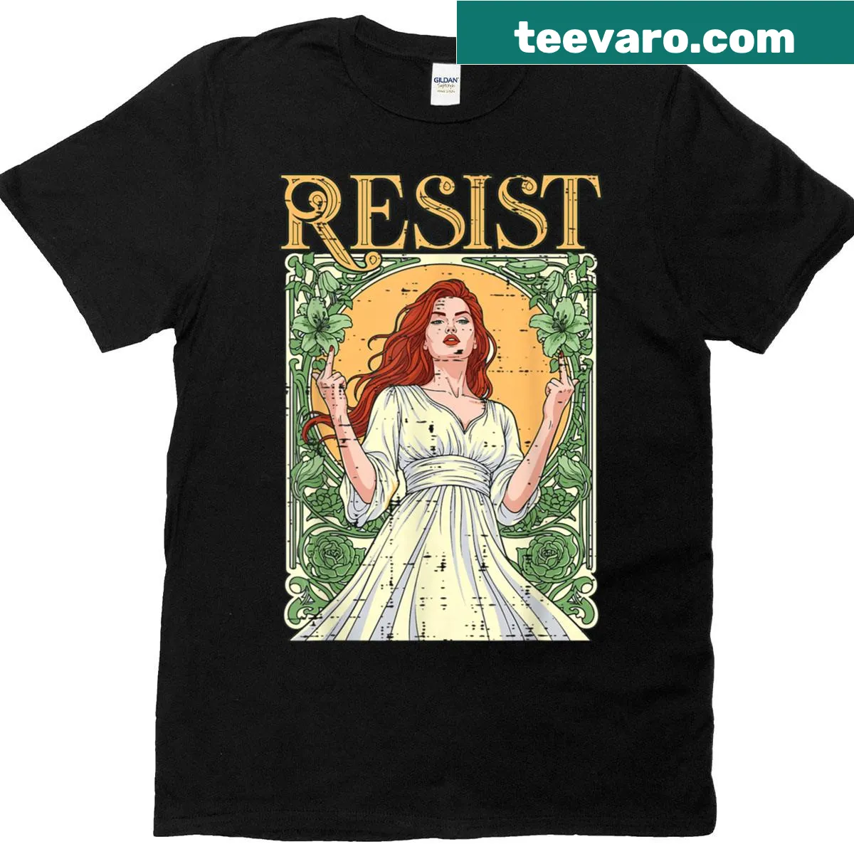 Illustrated protest-themed t-shirt with 'Resist Noveau Girl' design — on a men's t-shirt