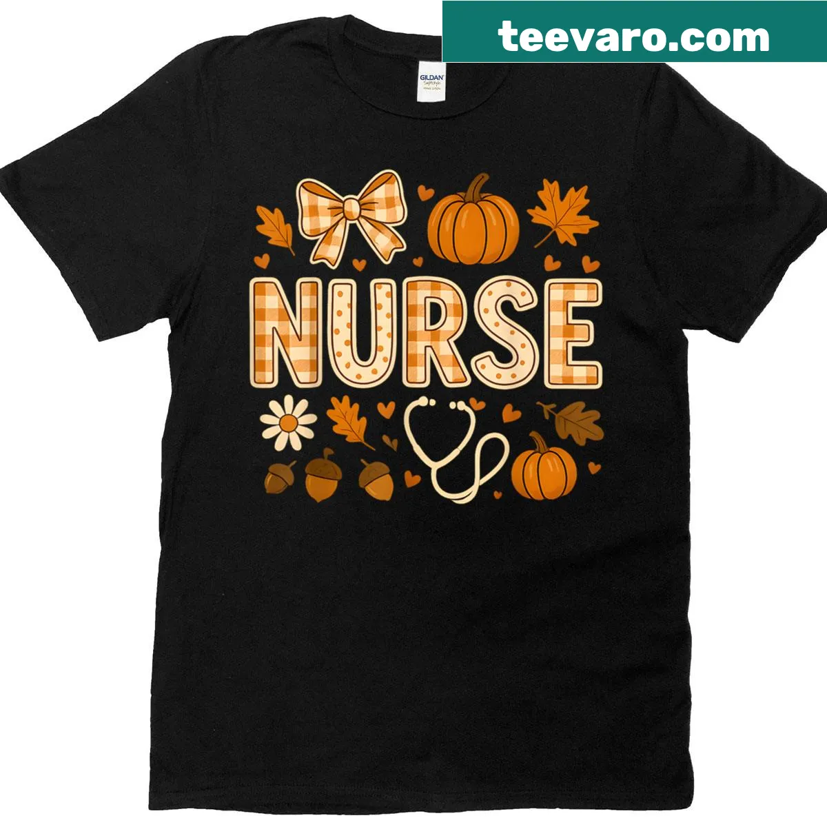 Funny retro nurse T-shirt with pumpkin and stethoscope design. — on a men's t-shirt