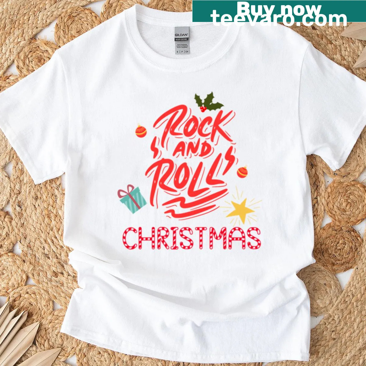 Oversized Rock And Rolls Christmas T-shirt with playful design — on a men's t-shirt
