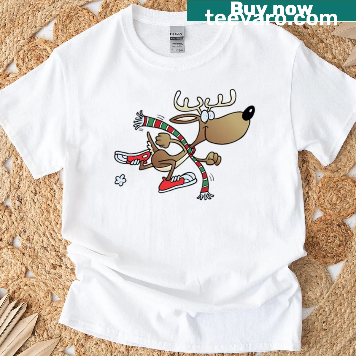 Whimsical reindeer illustration on Christmas marathon t-shirt — on a men's t-shirt