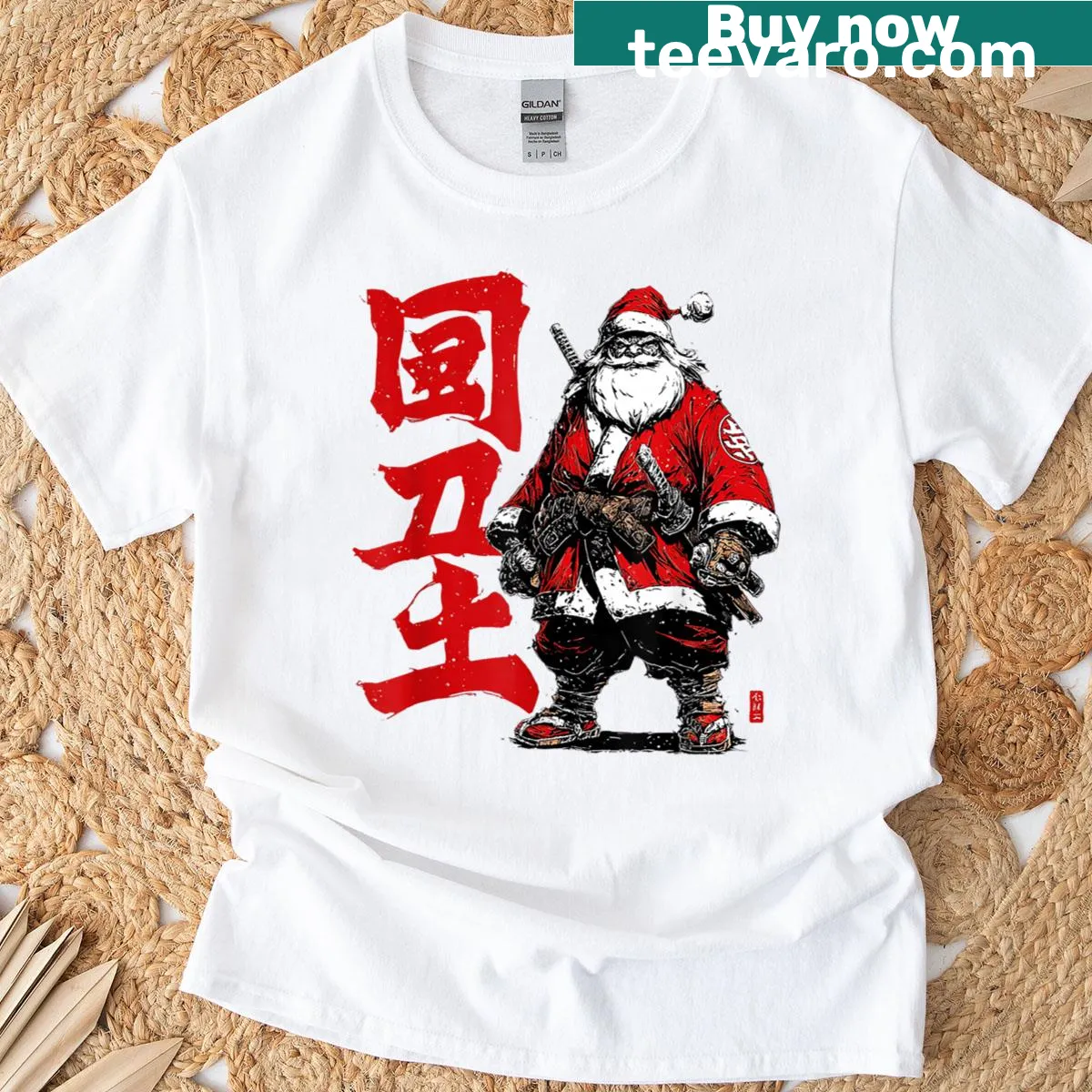 Cartoon Samurai Santa graphic on a festive t-shirt — on a men's t-shirt