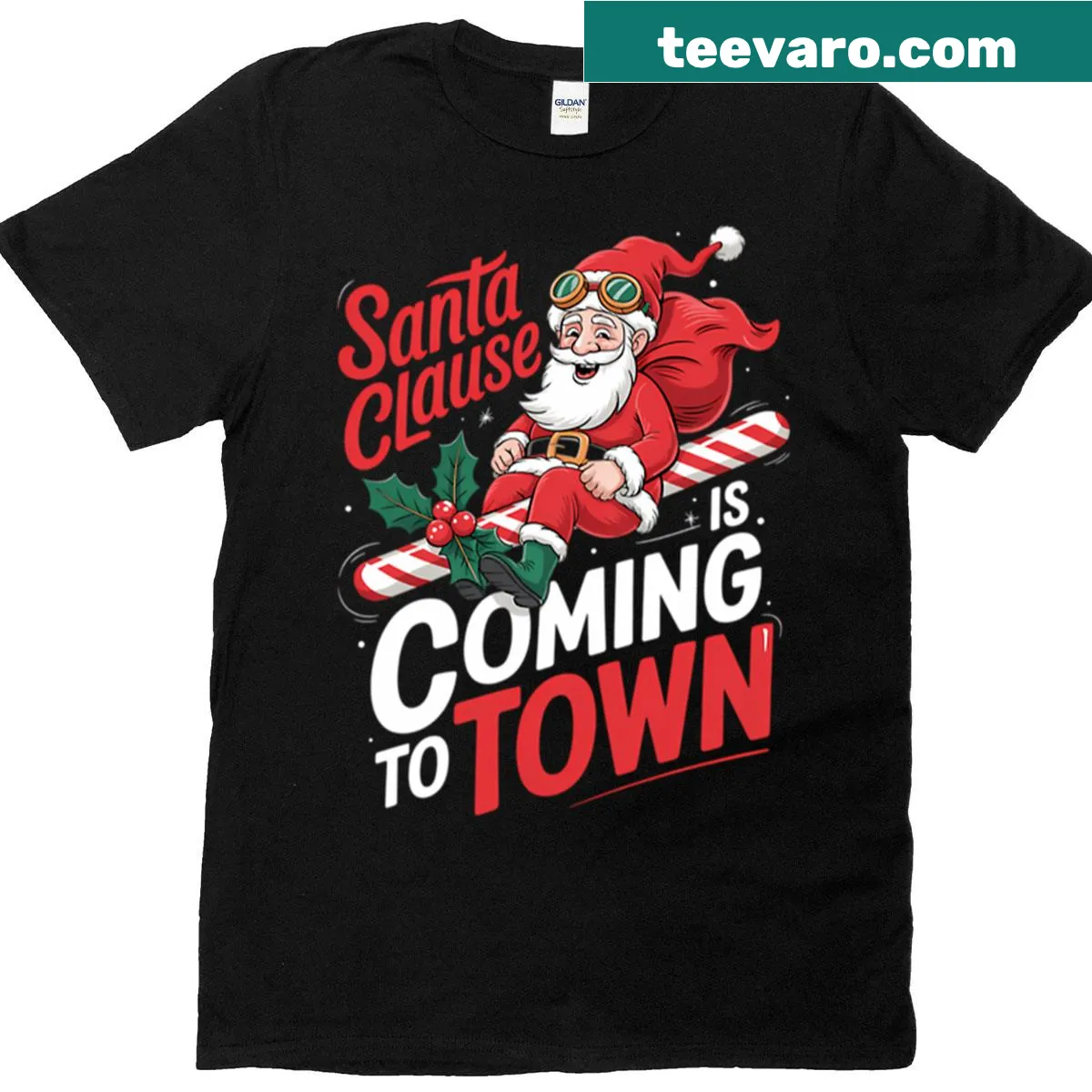 Funny Santa Claus t-shirt with candy cane design — on a men's t-shirt