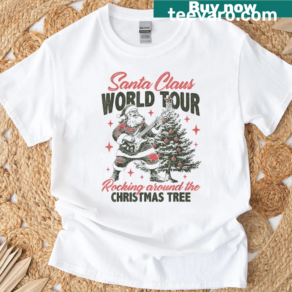 Cartoon Santa touring the world with a Christmas tree design — on a men's t-shirt