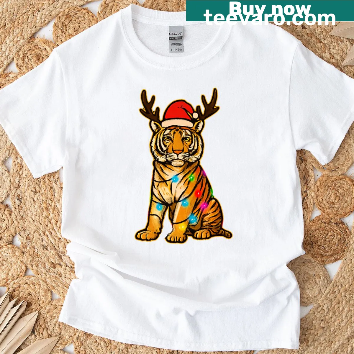 Funny Christmas tee featuring a tiger in a Santa hat and lights — on a men's t-shirt
