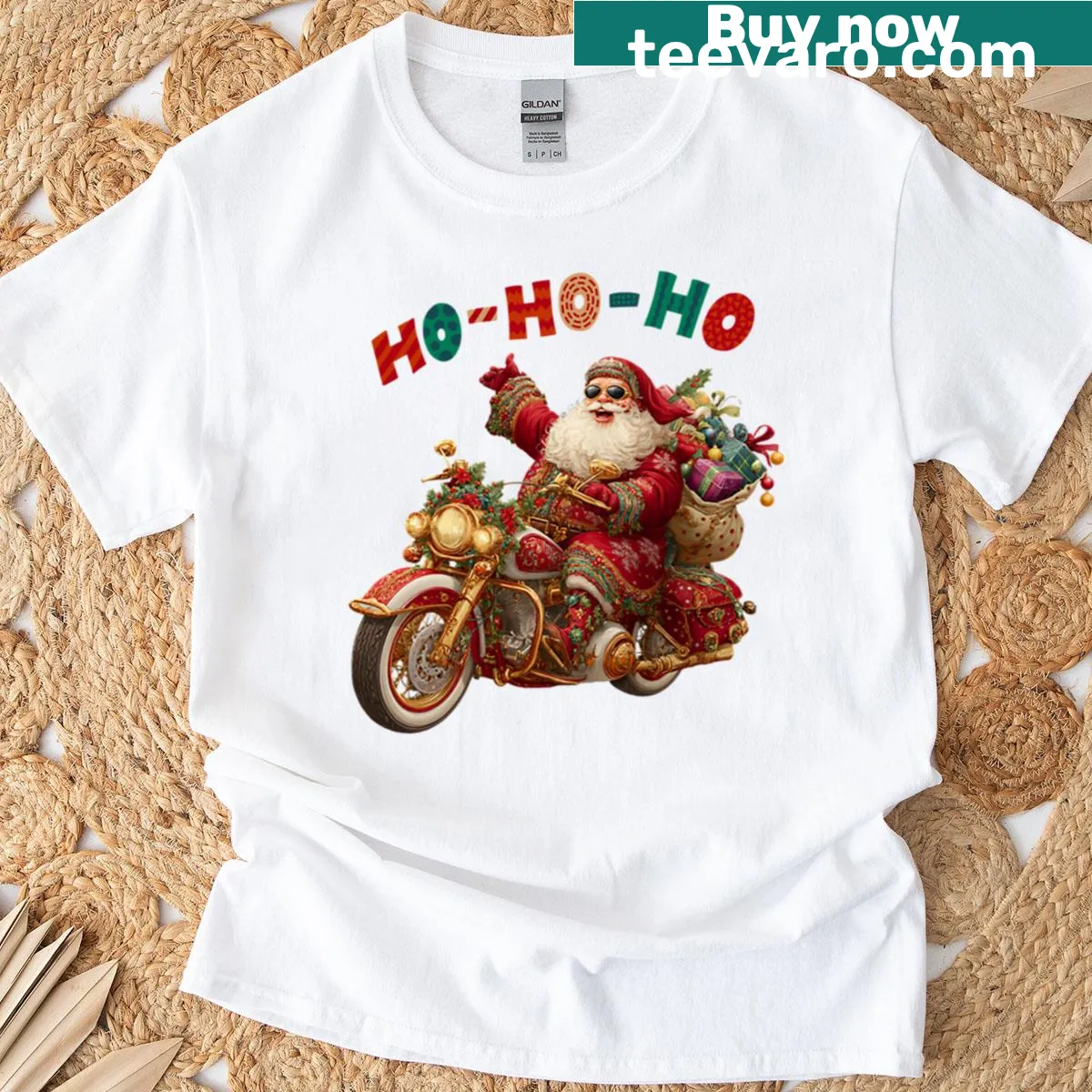 Funny illustration of Santa on a motorcycle for Christmas. — on a men's t-shirt