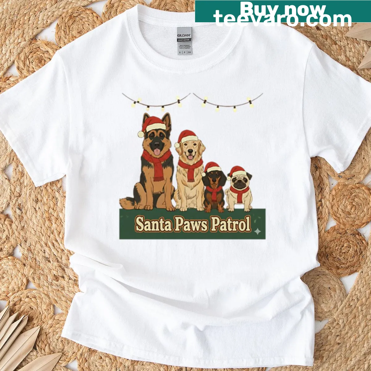 Cute illustration of multiple dog breeds in Santa outfits — on a men's t-shirt
