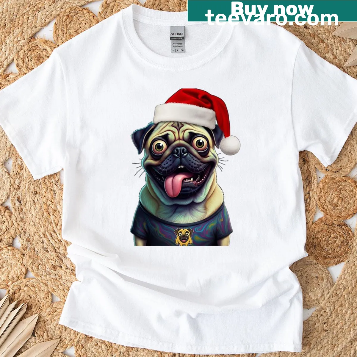 Adorable Santa pug wearing a Christmas hat and beard illustration — on a men's t-shirt
