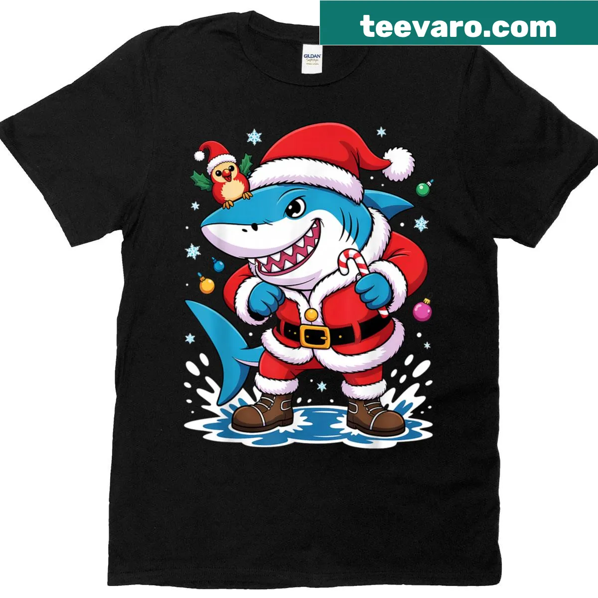 Funny Christmas t-shirt with Santa dressed as a shark — on a men's t-shirt