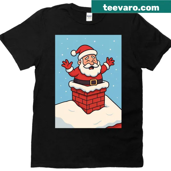 Humorous Santa stuck in chimney t-shirt illustration