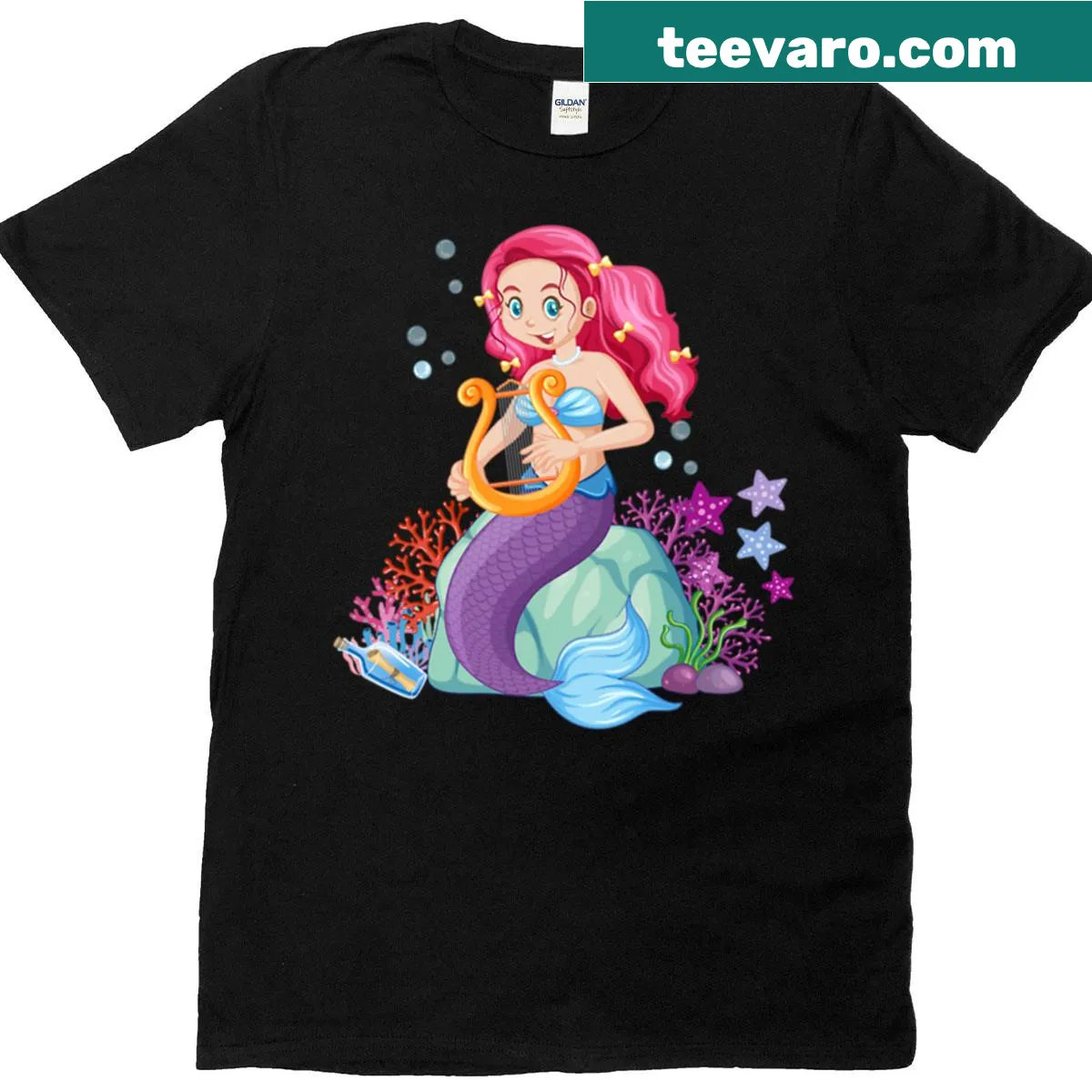 Kids t-shirt with a cartoon mermaid playing music underwater — on a men's t-shirt