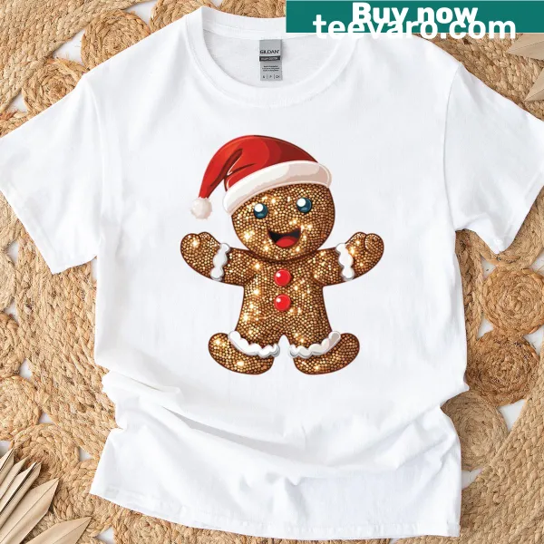 Sequin-adorned gingerbread man cartoon on a festive T-shirt