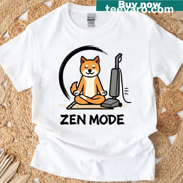 T-shirt featuring a Shiba Inu meditating next to a vacuum cleaner
