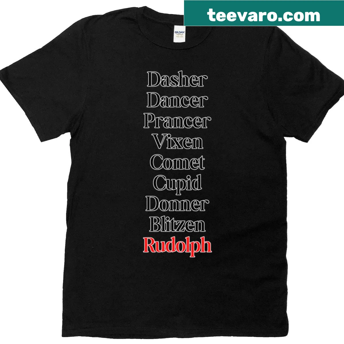 Charming T-shirt featuring names of Santa's reindeer — on a men's t-shirt