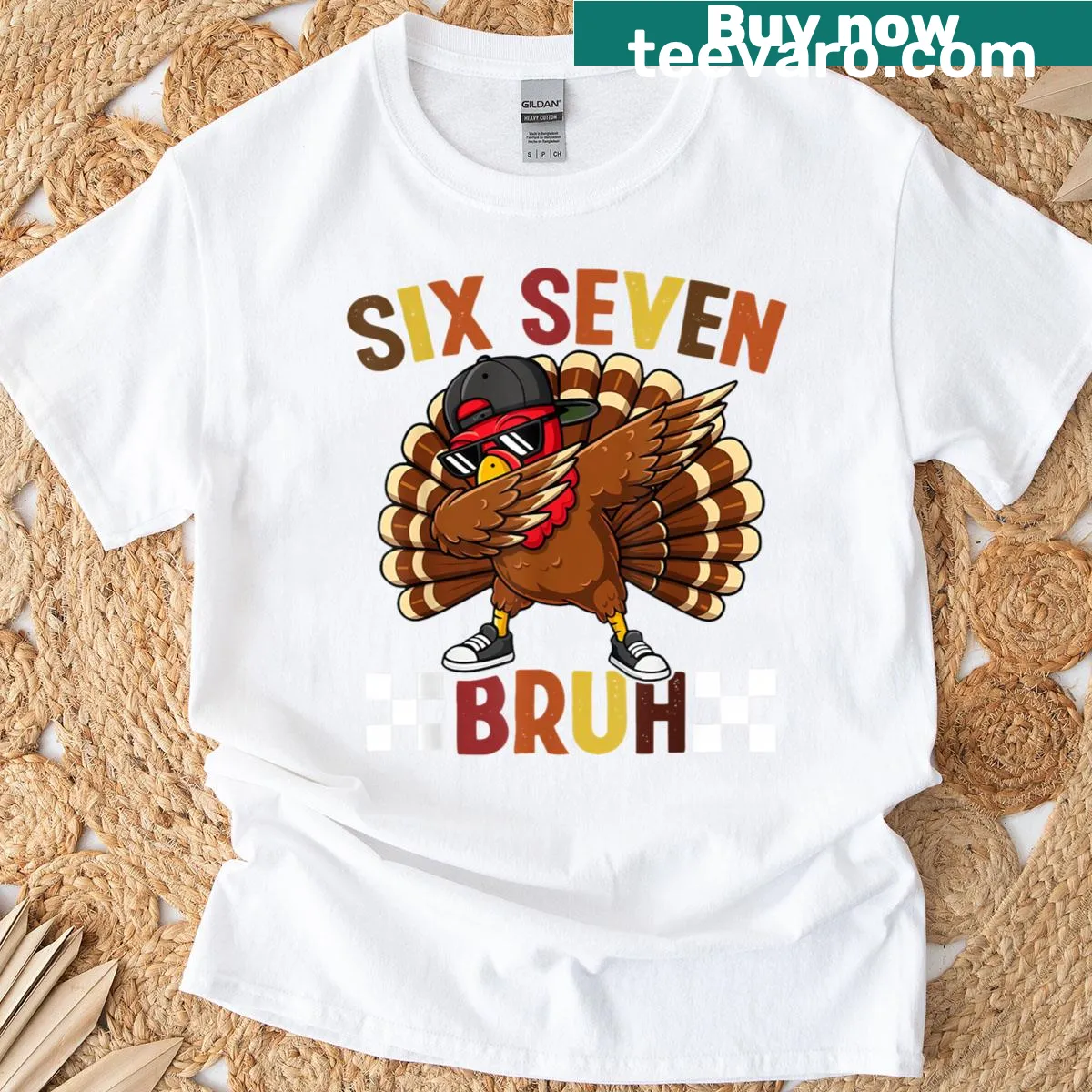 Thanksgiving t-shirt with a dabbing turkey illustration and funny text — on a men's t-shirt