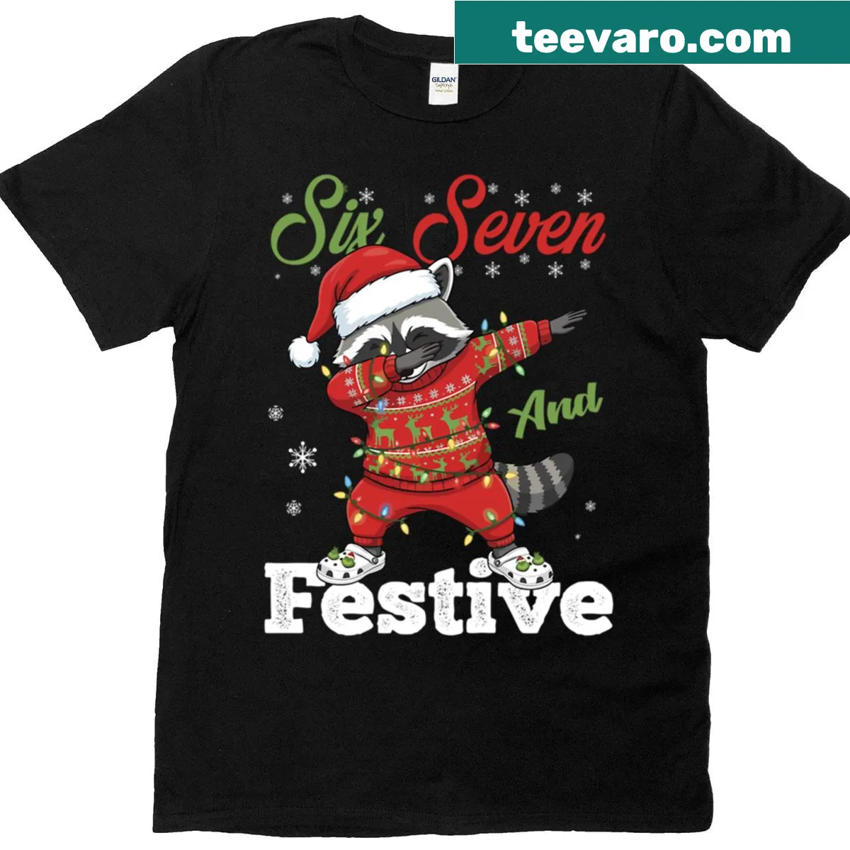 Cute Christmas T-shirt with a festive raccoon design for kids. — on a men's t-shirt