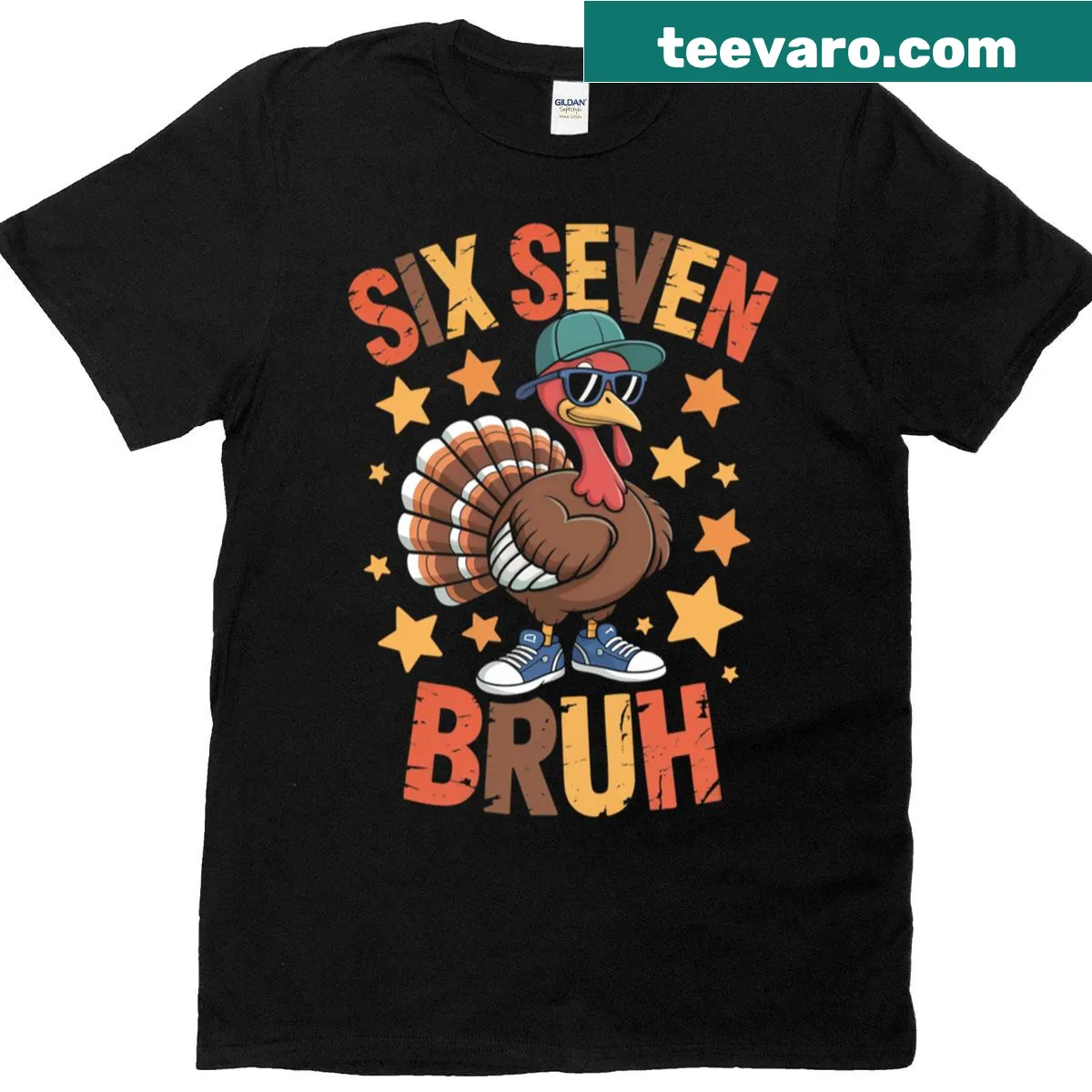 Funny Thanksgiving t-shirt with 'Bruh Turkey' text and meme references — on a men's t-shirt