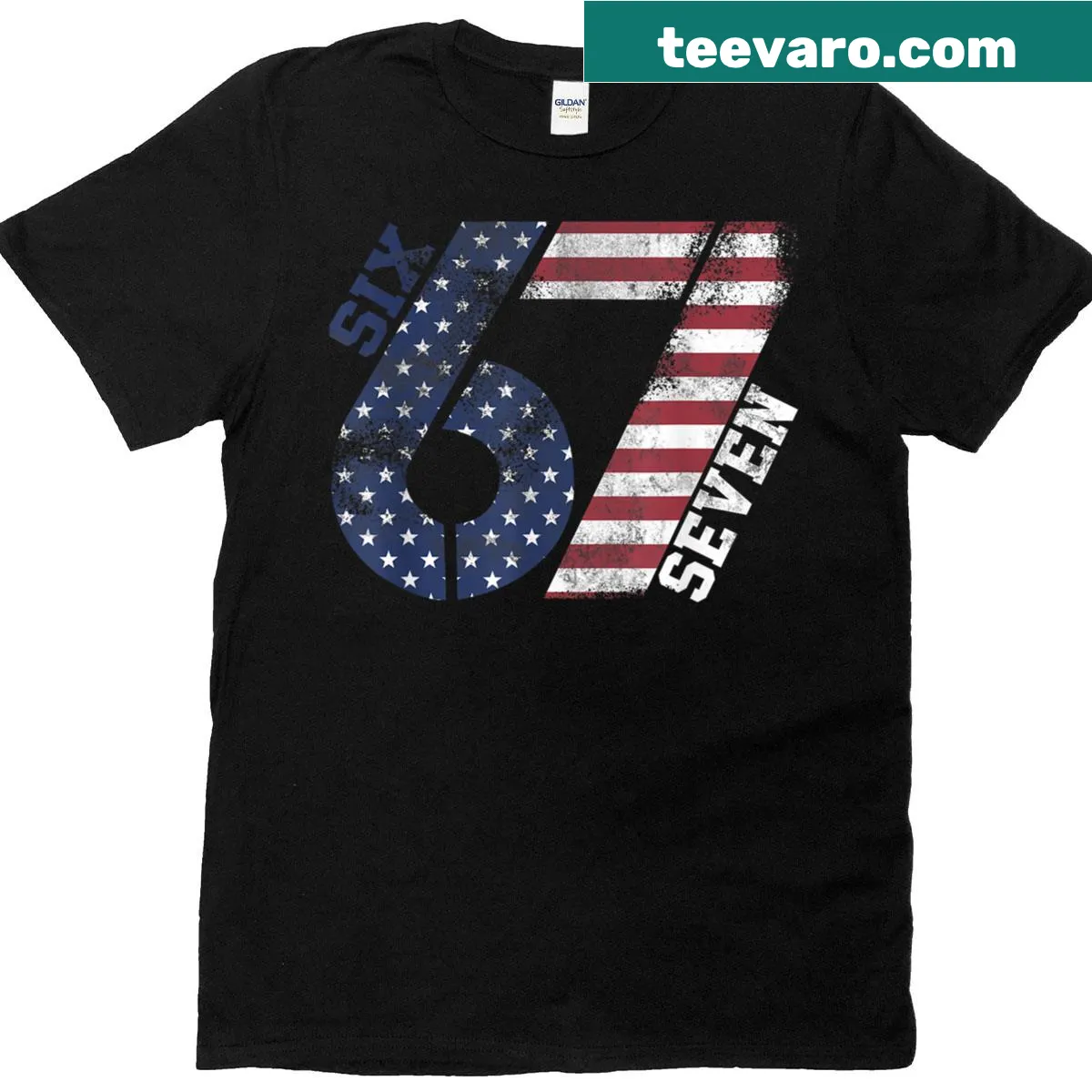 Patriotic tee with USA flag pattern and 'Six Seven' text — on a men's t-shirt