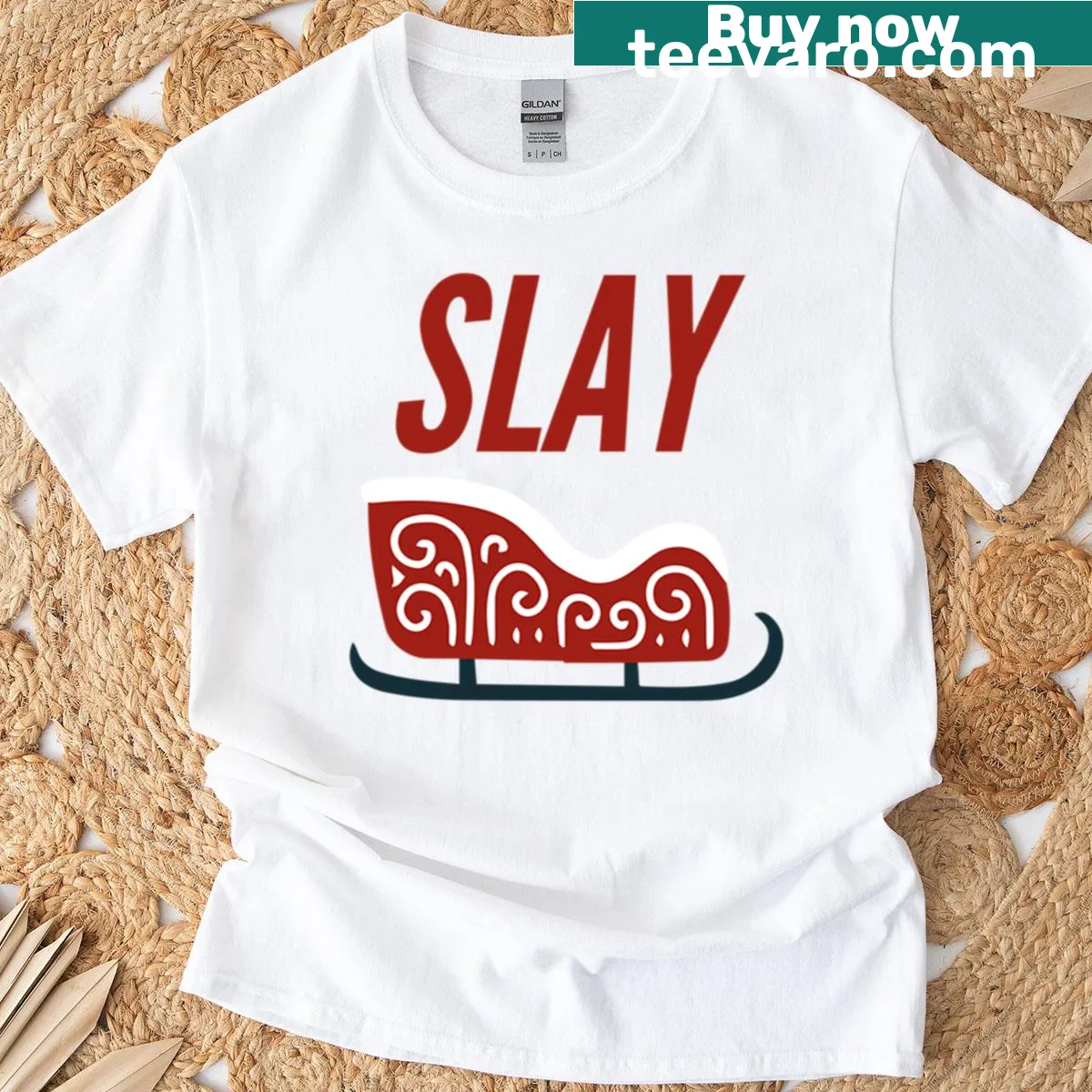 Funny Christmas T-shirt with 'Slay Sleigh' text — on a men's t-shirt