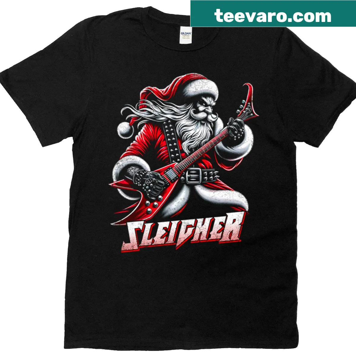 Heavy metal Santa Claus graphic T-shirt for Christmas — on a men's t-shirt